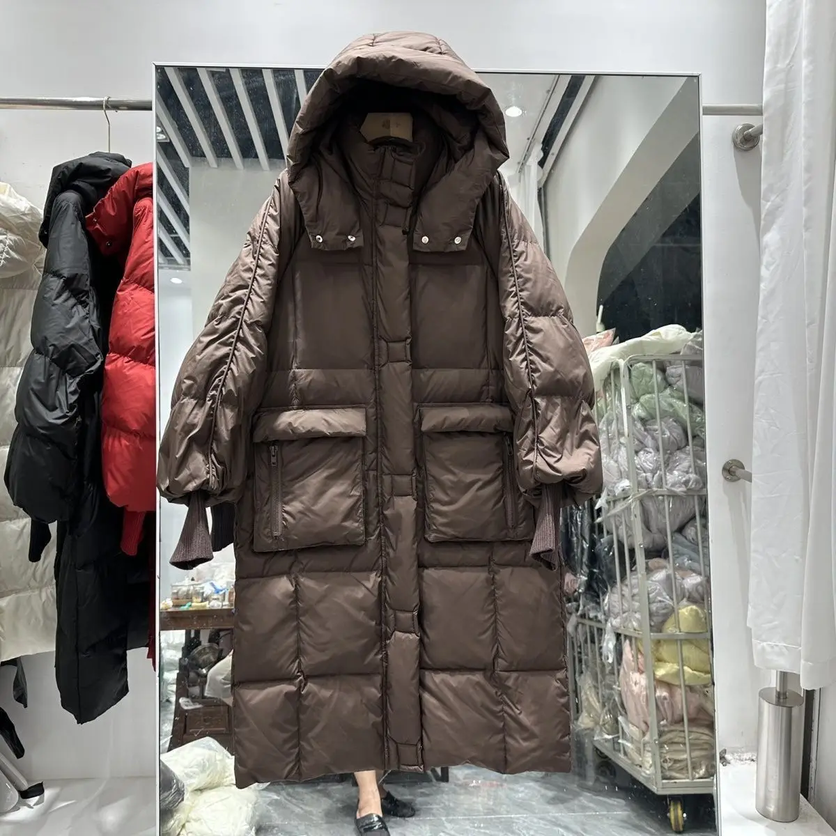 2025 inverno feminino jaqueta solta commuter manga de malha à prova de vento com capuz jaqueta