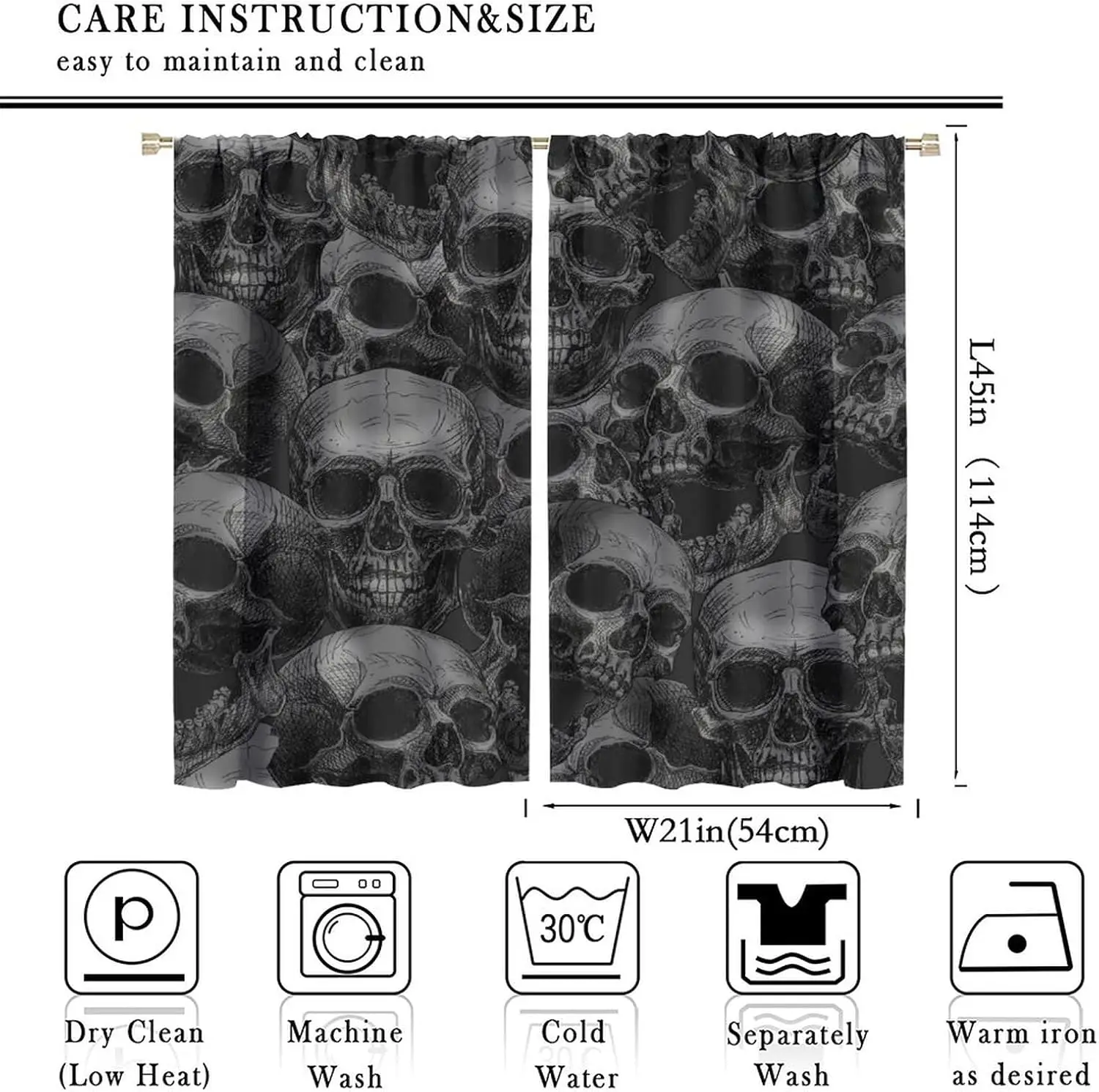 Horror Skull Gothic Skeleton Wall Black Gray Halloween Decorative Curtains for Bedroom Living Room W42 * L45 Inch