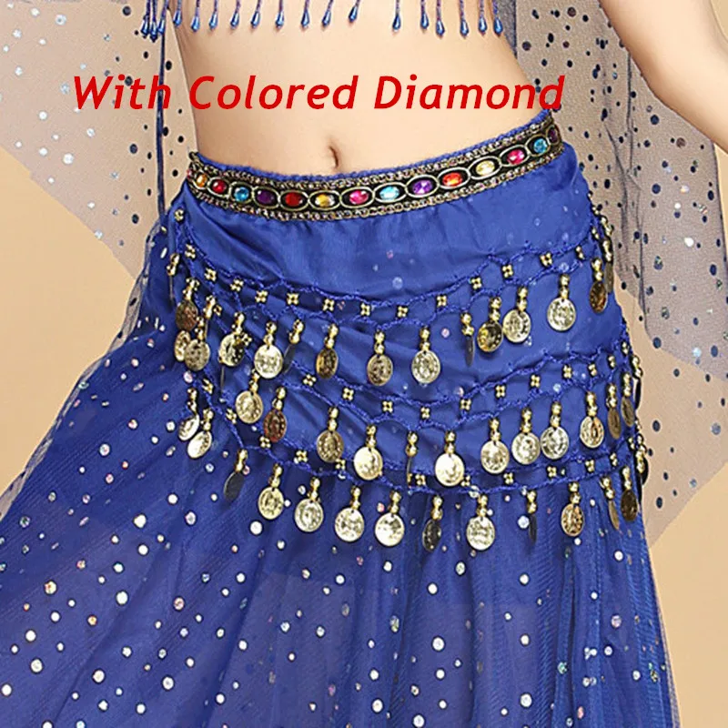 Belly Dance Sequins Chiffon Skirt Costumes Shiny Colored Diamond Tassel Waist Chain Belts India Arab Dance Wrap Show Hip Scarf