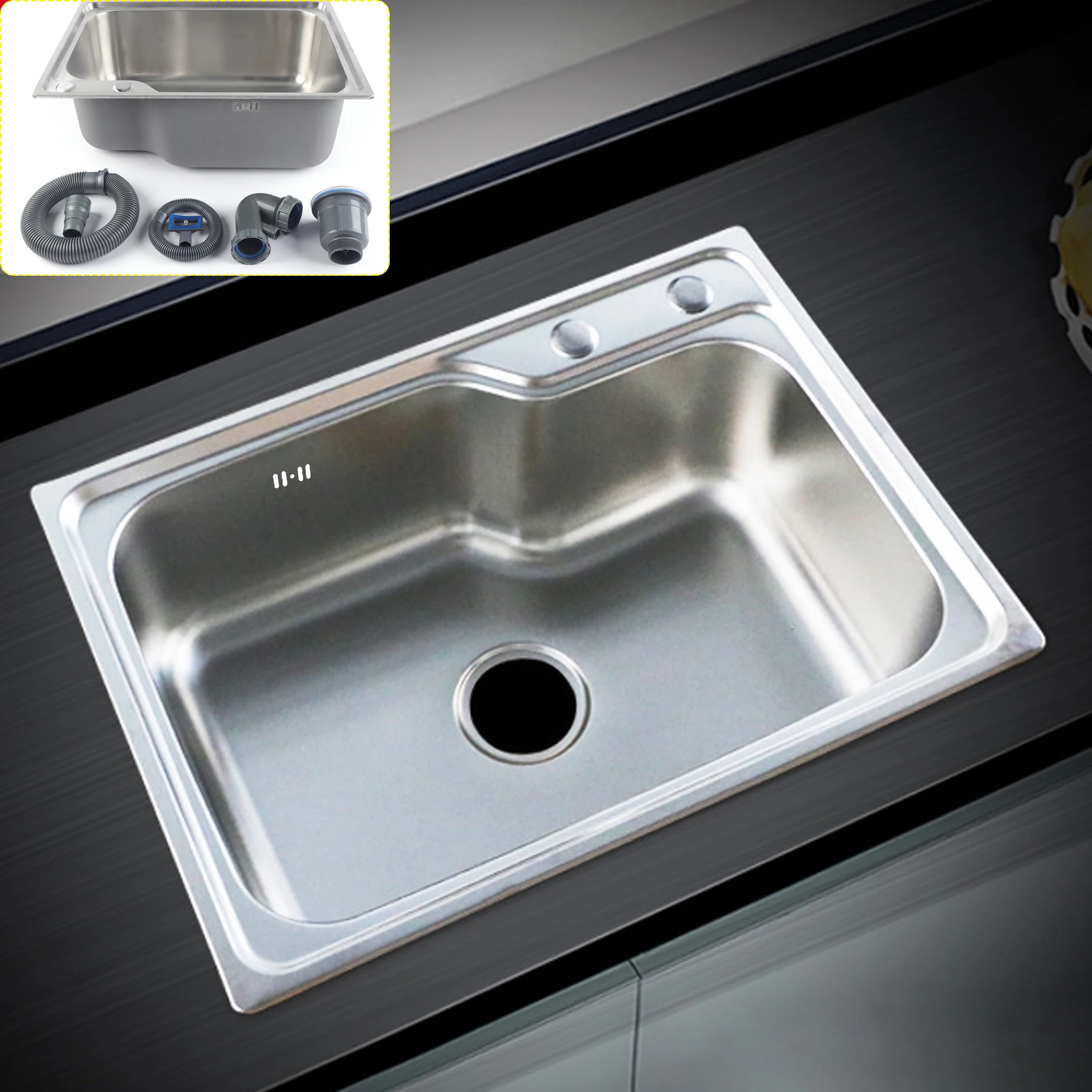 Kitchen Sink 304 Stainless Steel Embedded Sink with Drain Kit 62X45Cm Suitable for Kitchen Bathroom and Laundry Use