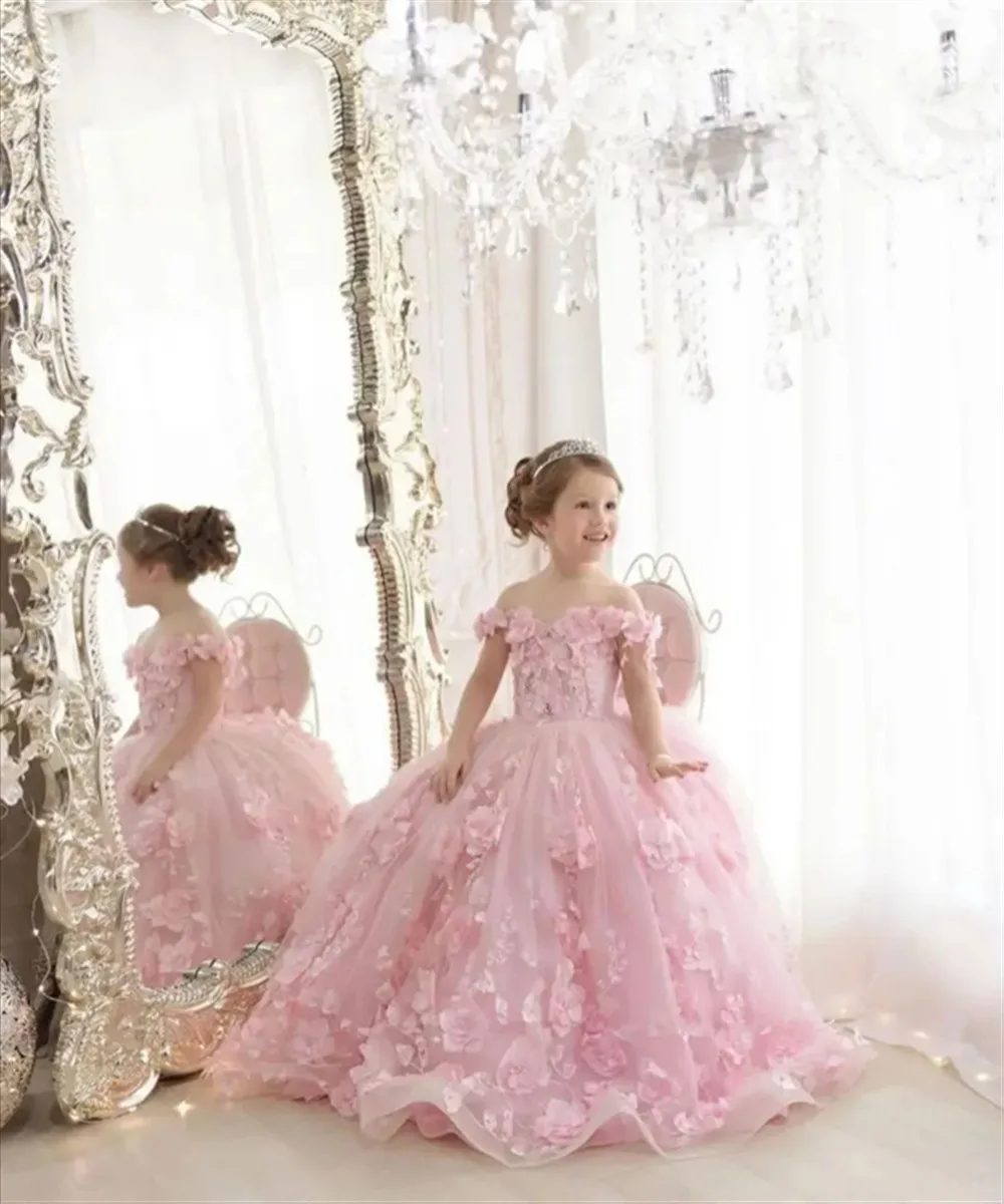 Robe de mariée à fleurs pour filles, avec des Appliques roses personnalisées, épaules dénudées, perles luxueuses, robe de fête d'anniversaire eucharistique pour enfants