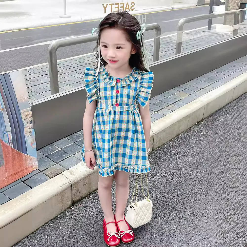 Baby Plaid Vest Skirt Medium and Small Children's Small Flying Sleeve Dress 2024 New Foreign Summer Casual Girls Skirt