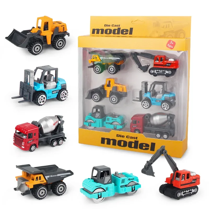 Diecasting alloy engineering car set children excavator stirring truck 6-piece toy car, birthday gift toys for children.