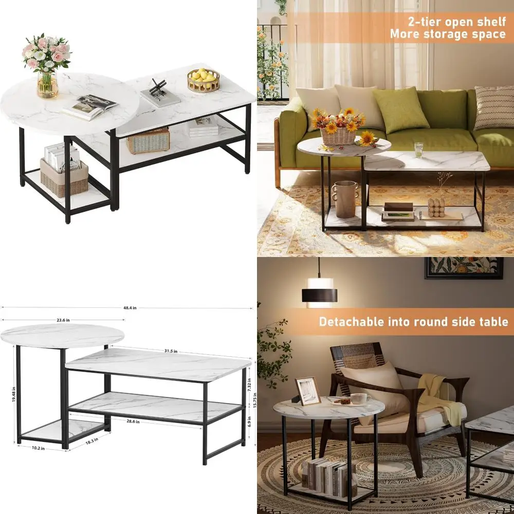 

Faux Marble Wood Coffee Table with Adjustable Shelf, Nesting Tables 2-in-1, Small Living Room Coffee Tables
