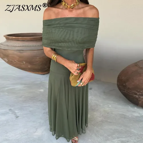 Vestidos de fiesta de malla con hombros descubiertos para mujer, vestido largo plisado liso sexi sin tirantes, vestido bohemio hueco con espalda descubierta para verano
