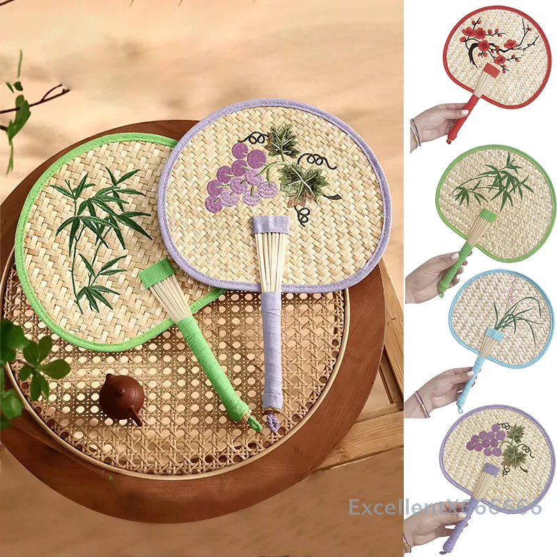 

New Retro Palm Fan For Summer Home Hand-Woven Straw Fans Bossom Plum Flower Embroidery Summer Cooling Hand Fan