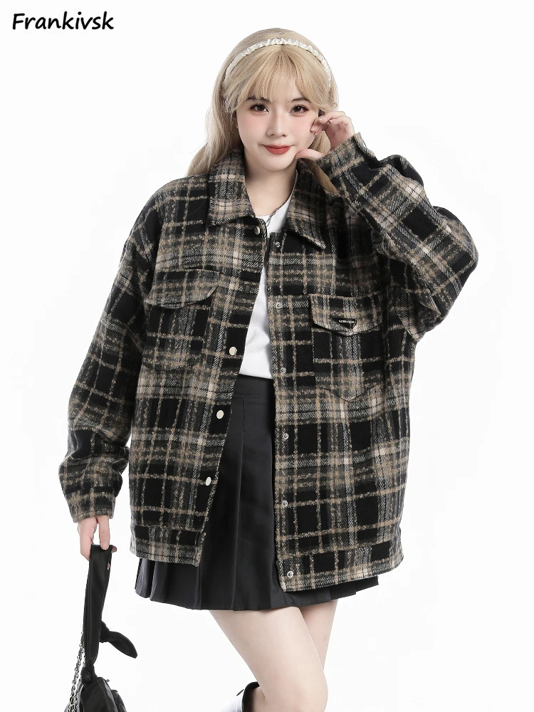 Plaid Jackets Women Slouchy Retro Autumn All-match Hotsweet Korean Preppy Style Long Sleeve High Street Fashion Ladies Overcoats