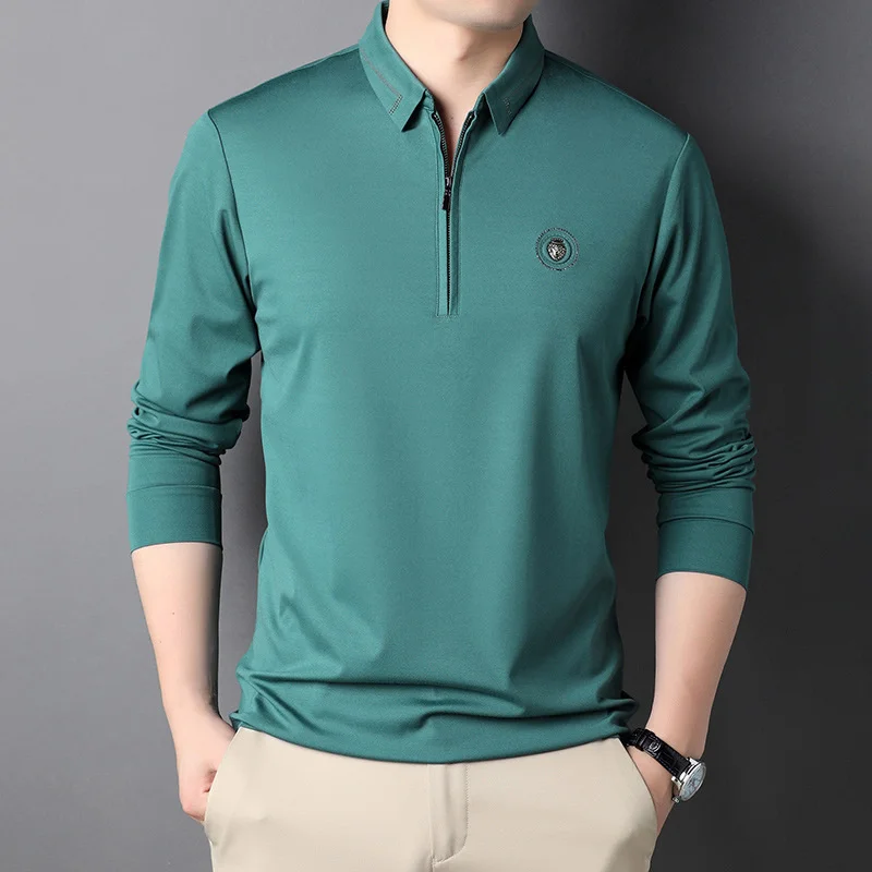 Renewable Fiber Viscose Polo Shirt Men Long Sleeve Brand High Quality Diamonds Collar With Zipper Slim Fit Breathable Polos Man