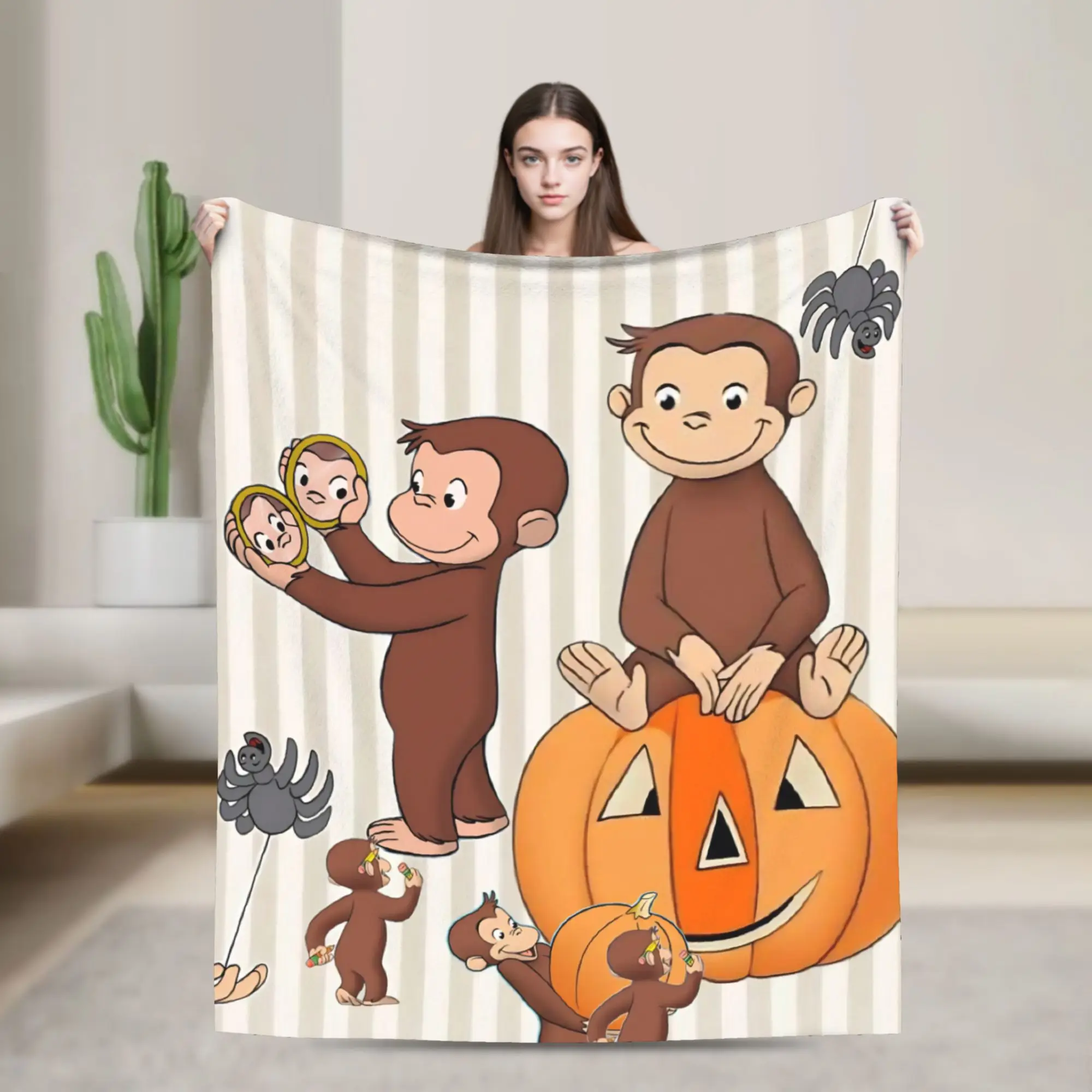 Cute Monkey Curious George Fleece Throw Blanket  Blankets for Home Bedroom Soft Plush Thin Quilt,