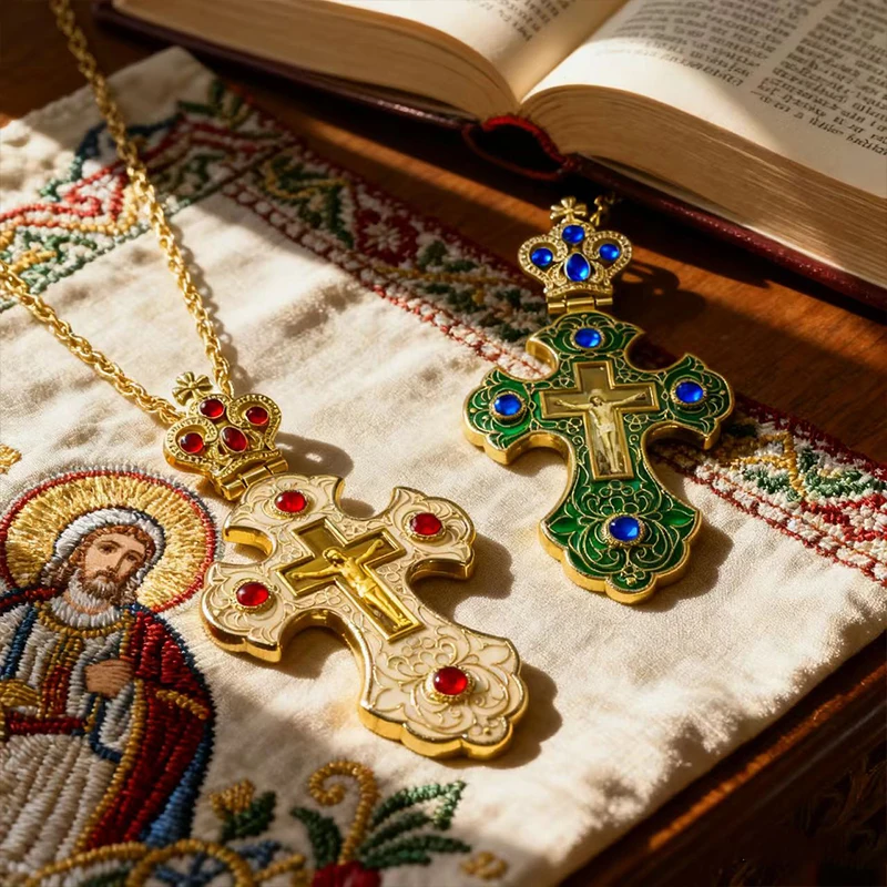 Neue 2026 Luxus-Emaille-Orthodoxe-Kreuz-Halskette mit rotem Kristall & vergoldetem Kruzifix-Ikonen-Schmuck für Priester, Liturgie & Sakramente – Detail 19