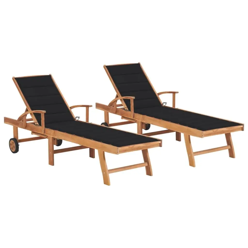 2 Pcs Sun Loungers Set with Black Cushions - Premium Solid Teak Wood for Outdoor Relaxation