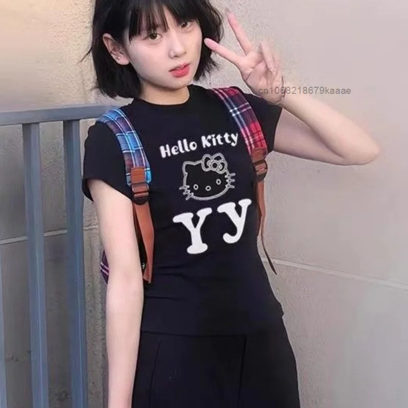 Sanrio Hello Kitty Pure Cotton Cute Summer T-shirt New Slim Fit Y2k Sweet Spicy Girl Short Top Korean Style Niche Pattern Tees