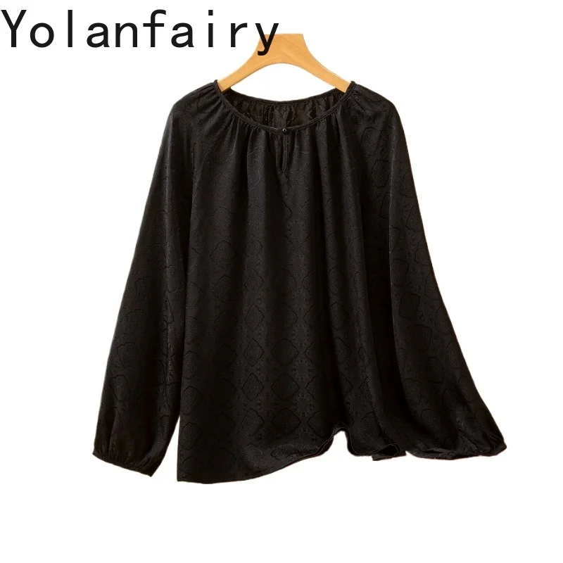 YOLANFAIRY 2026 Fashion Spring 100% Real Mulberry Silk Blouses Woman Clothing O-neck Long Sleeve Tops Lantern Sleeve Shirt Femme