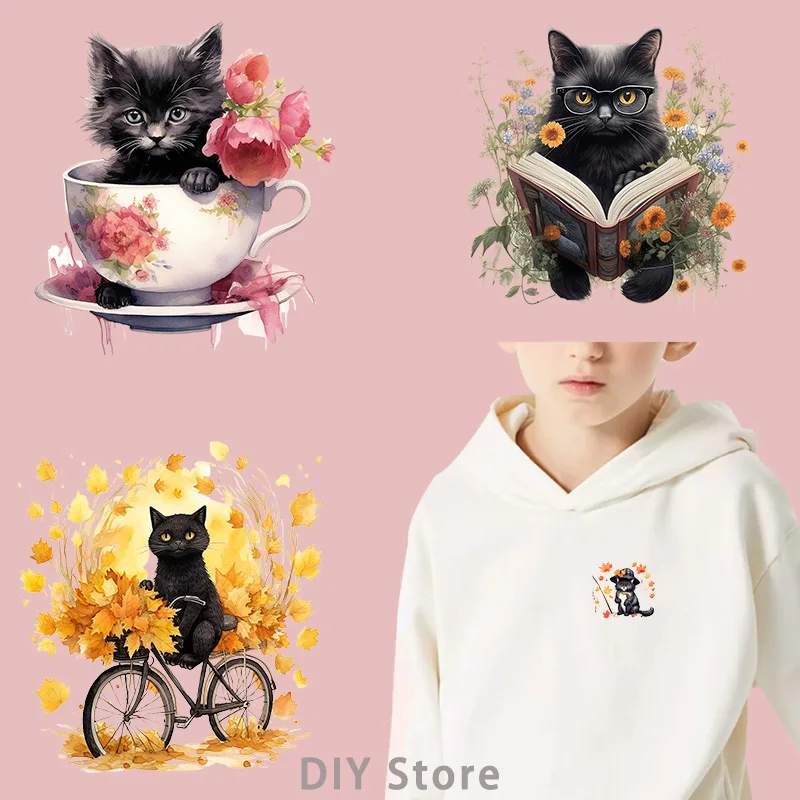 Black Cat Autumn dtf dtf transfers ready to press iron on heat transfer patches for clothing Heat Transfer On Clothes.