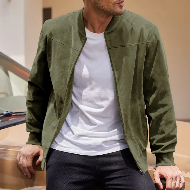 Men Faux Suede Baseball Jacket Solid Color Zipper Bomber Coat Spring Autumn Windproof Casual Outerwear For Male Street Fashion