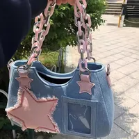 Korean Fashion Shoulder Underarm Harajuku Star Tote Denim Bag Chain Ladies Bags Zip Purses Handbags Women 2024 Luxury Square Bag