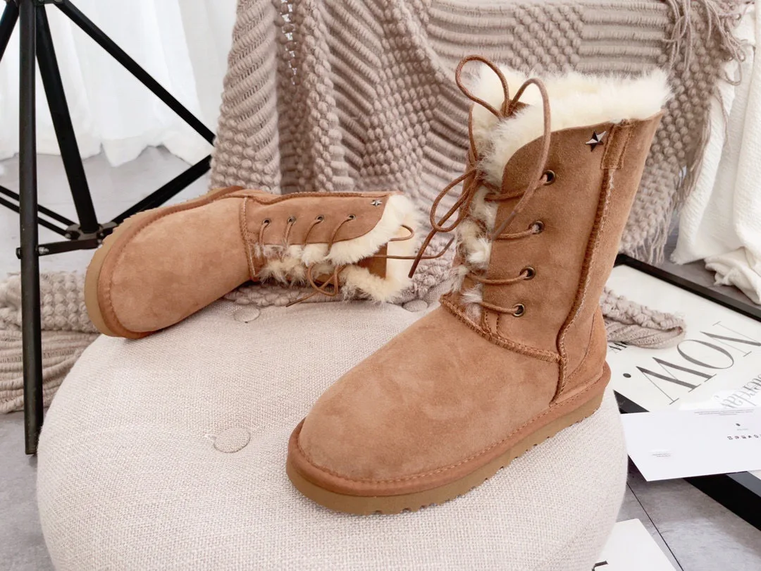 Sheepskin Leather Fur Snow Boots Winter 2023 Women Real Wool Boots Warm Thickened Cotton Mid-calf Lace-up Goddess Boots