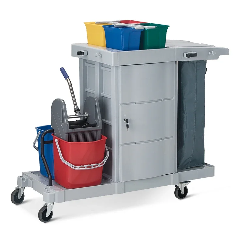 

Multifunction Restaurant Hotel Cleaning Trolley Janitor Service Cart With Mop Wringer Bar Laundry Trolley Cart