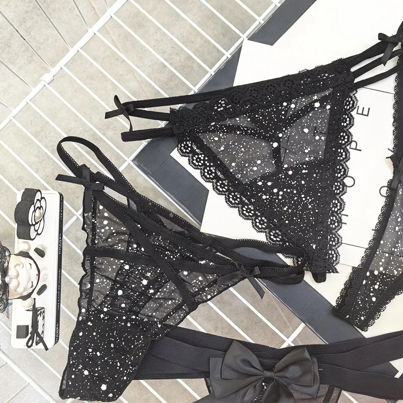 ملابس داخلية نسائية لامعة من الترتر بشبكة سوداء ، دانتيل شفاف بفيونكة ، ثونغ مجوف ، سراويل داخلية ناعمة رقيقة ، ملابس داخلية مثيرة ، منظور