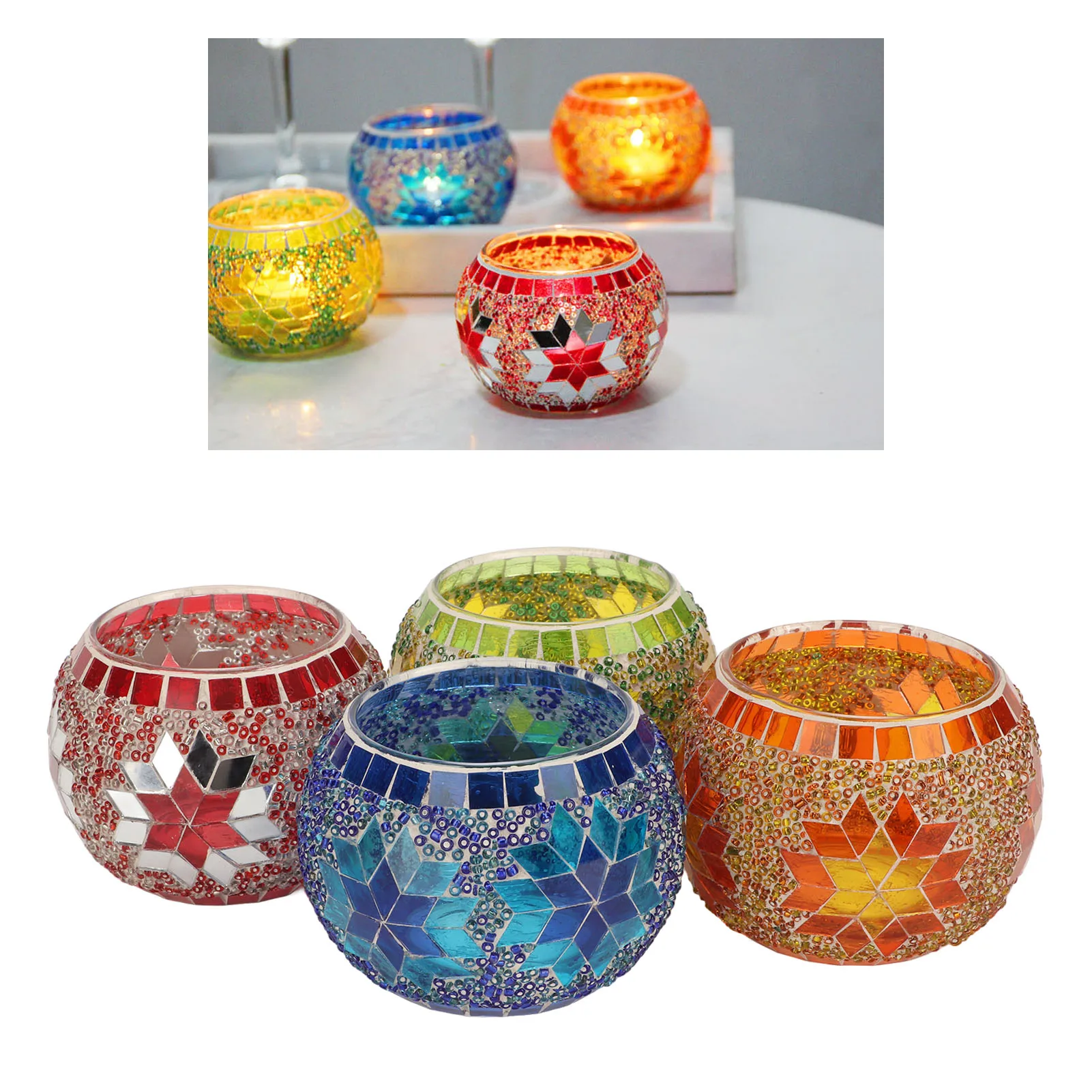 4pcs Mosaic Glass Candle Holder Colourful Romantic Candlestick Candle Stand for Home Bar Dinner Anniversary Table Decoration