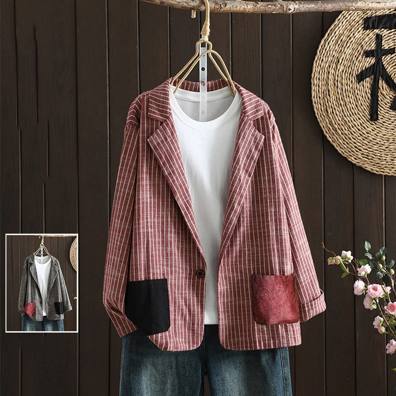 

Художественный цветной хлопковый льняной костюм в полоску Jaet, большой размер, женский весенний костюм с отложным воротником, длинный свек, универсальный топ