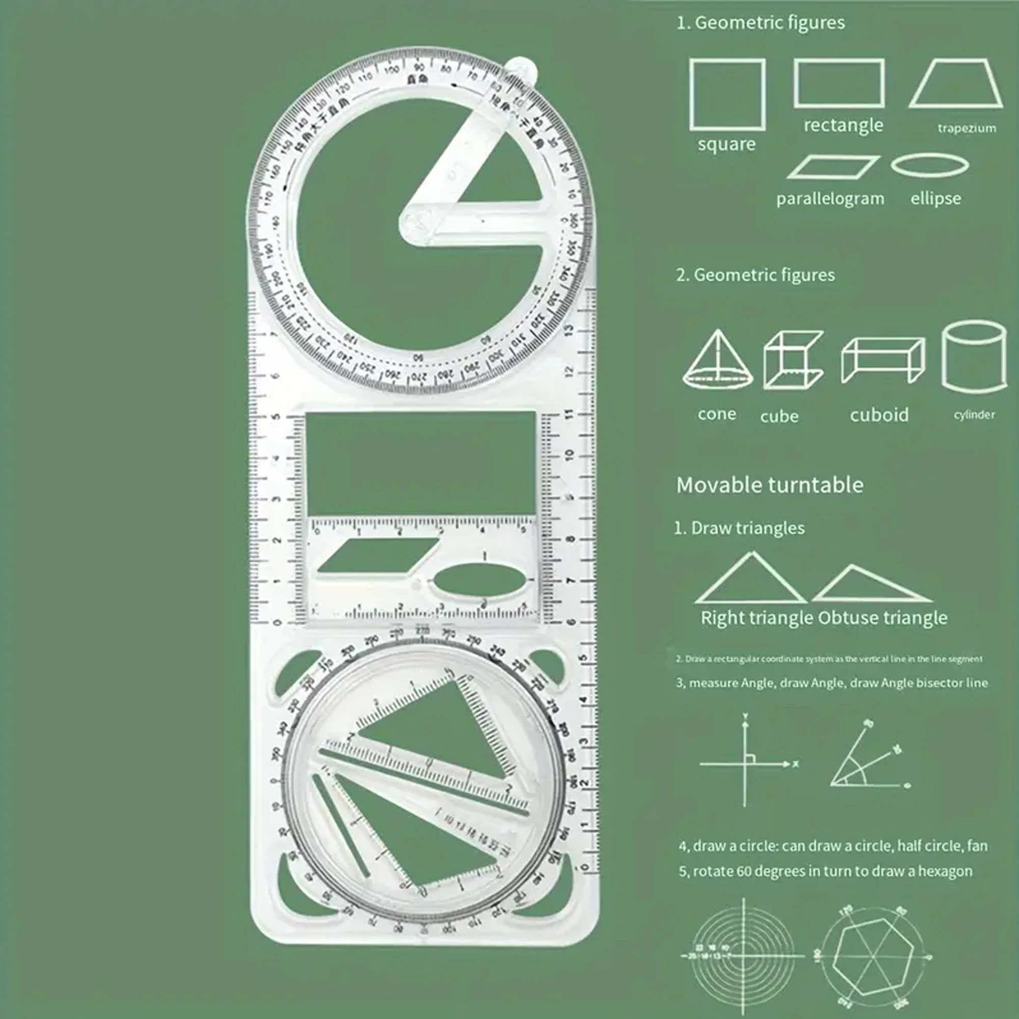 A Set of 3-Piece Multi-Functional Geometric Painting Ruler, Various Graphic Painting Rotating Ruler, Plastic Material Drawing Tool, Flat Graphic Painting Square Ruler, Student Office Special Ruler