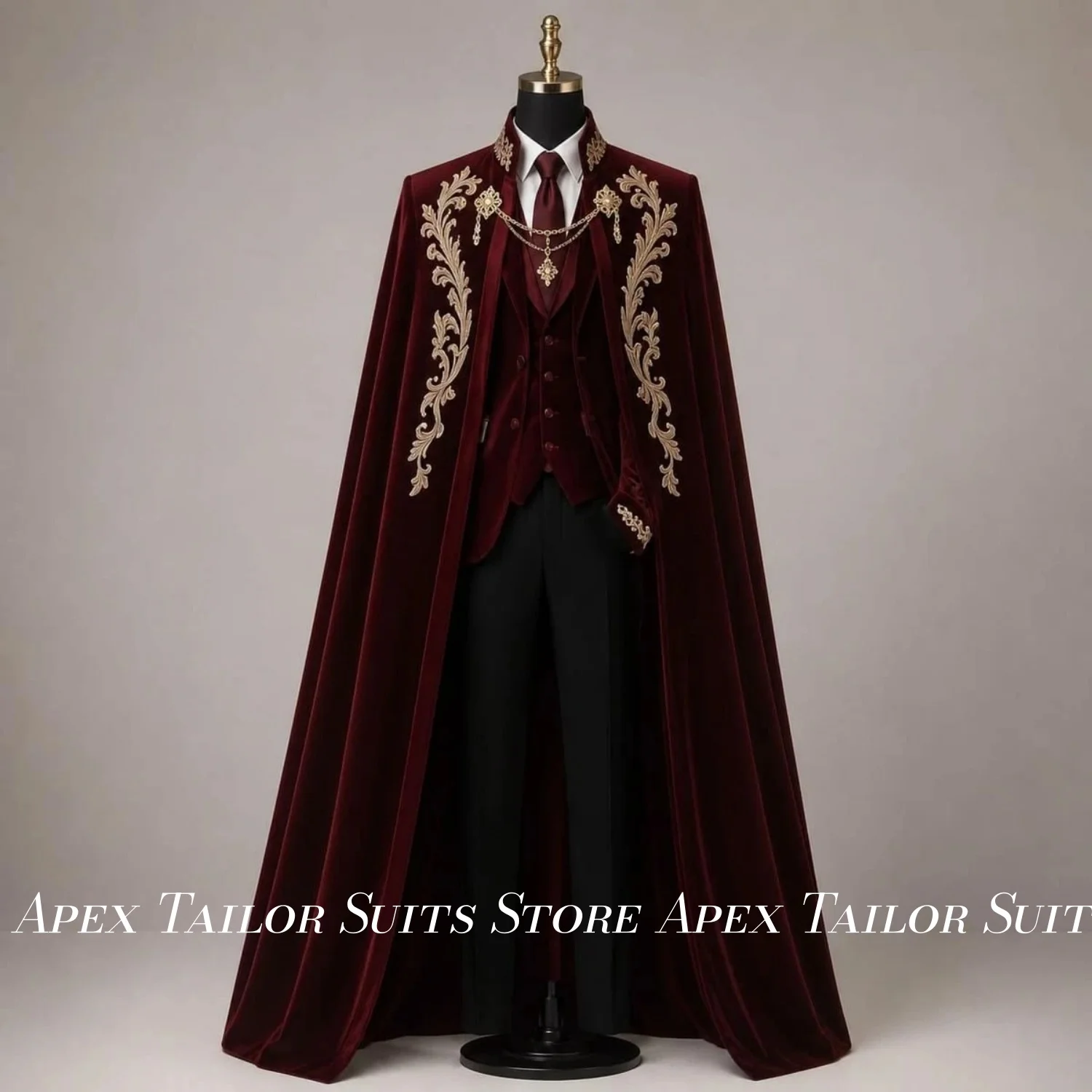 Luxury Mens Suit Set Burgundy Velvet Gold Embroidery Blazer Waistcoat Trousers Cape Cloak For Groom Wedding Prom Party 4Pcs Set