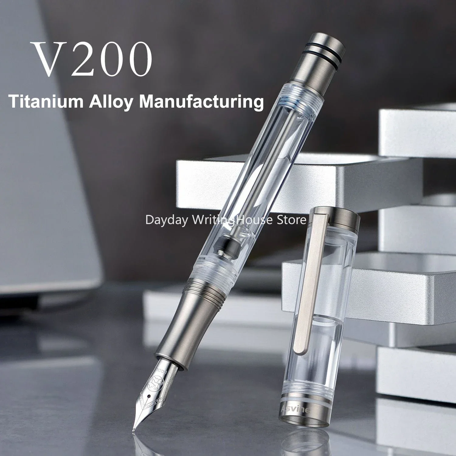 Smooth Asvine V200 Titanium Fountain Pen Vacuum Filling, Asvine/BOCK EF/F//B Nib Clear Transparent Acrylic Smooth Writing Pen