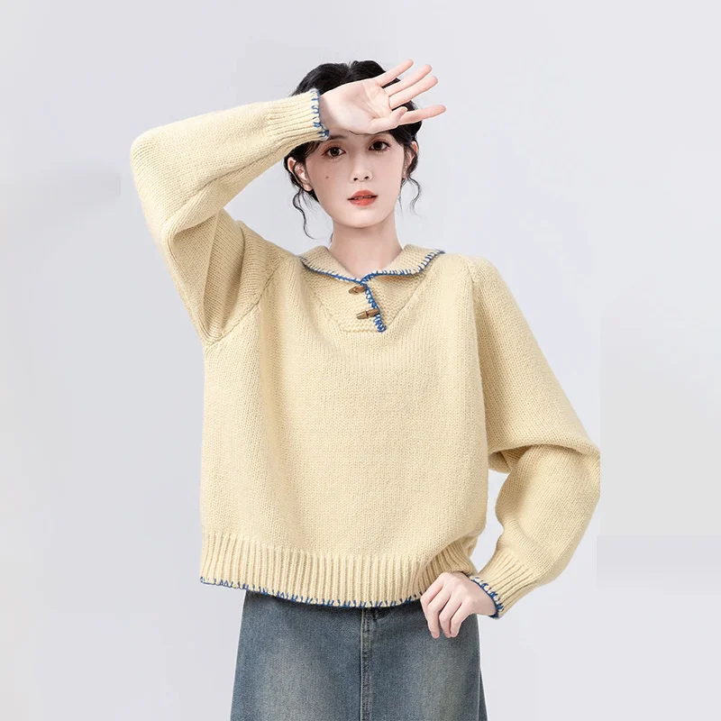 Autumn Winter Design Horn Collar Women Elegance Sweater Soft Thickened Knit Tops Sweet Style Fashionable Design Sense
