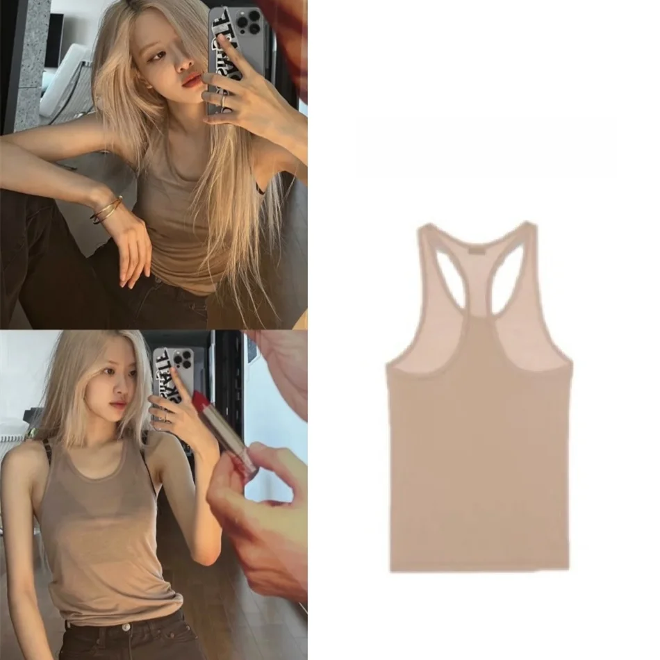  Rose Kaki Color Sexy Sleeveless Strap Vest Top Jeans Set Women's Fashion Spring  Trendy Stage Costume