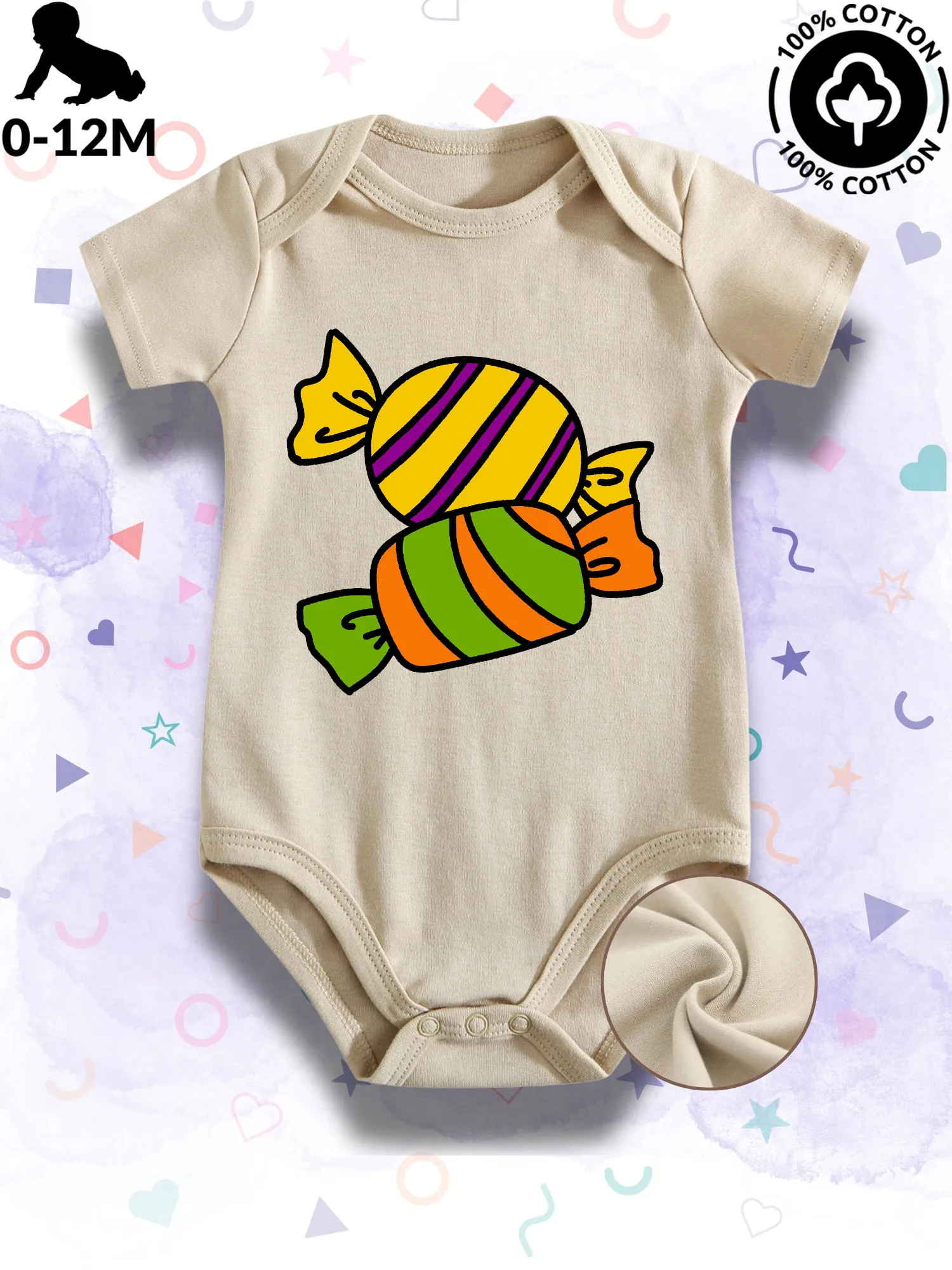 

Festive Candy Unisex Baby Bodysuit, 100% Cotton Soft Onesie, All-Season Wear Beige Crawling Suit 190GSM