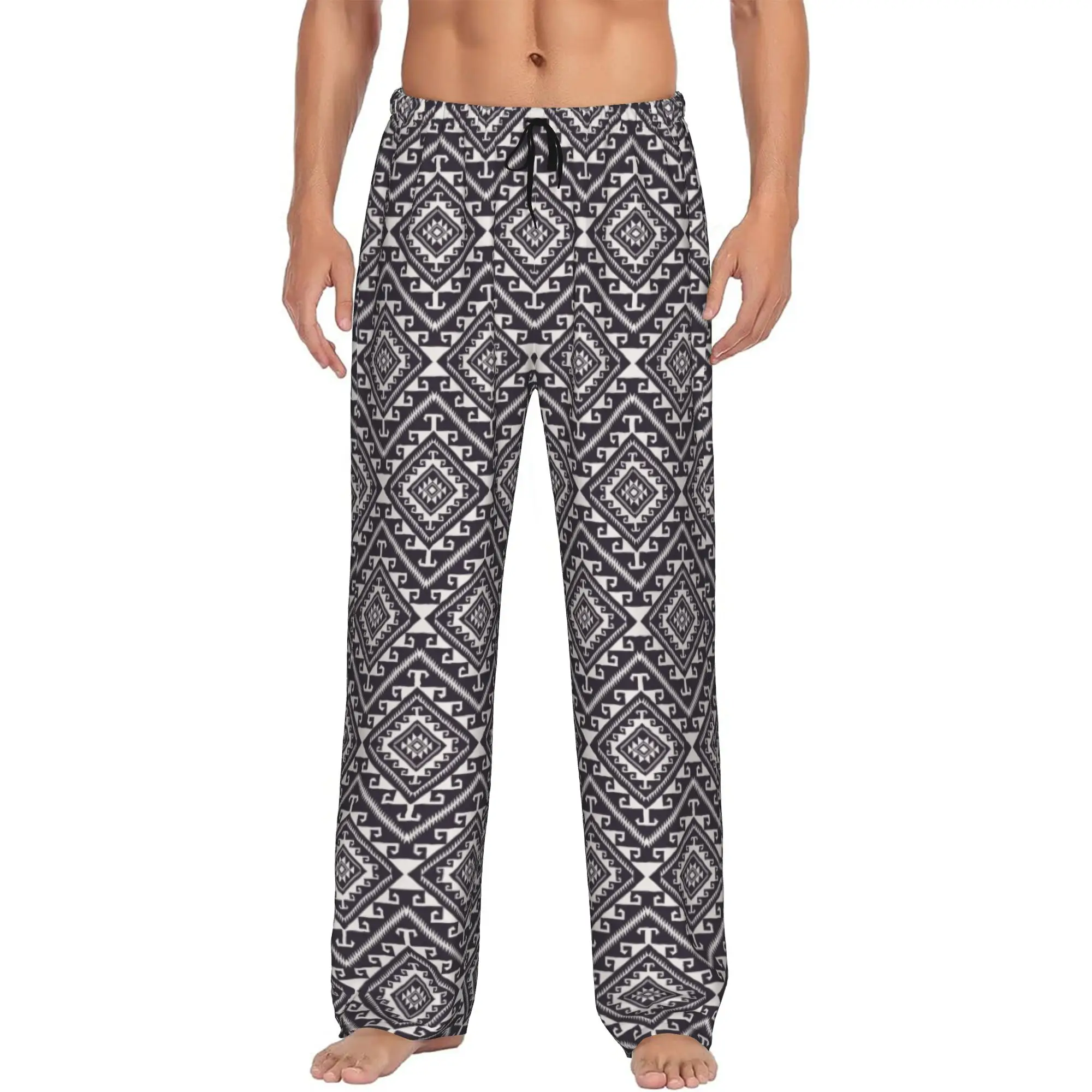 Custom Print Native Aztec Southwestern Black And White Pattern Pajama Pants Men  Sleep Sleepwear Bottoms with Pockets