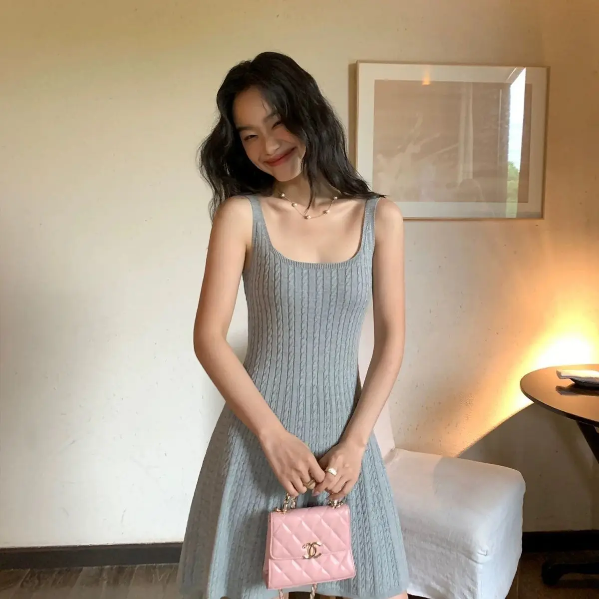 

Women's 2026 New Square Neck Cable Knit Cami Dress French Style Sleeveless Slim Fit Waist Cinching Casual Chic A Line Mini Dress