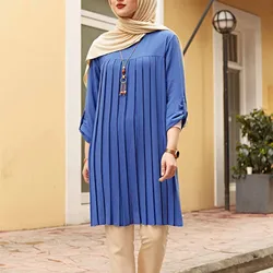 Women's Summer Muslim Dress Temperament Casual Solid Long Sleeved Button Ruffles Hem Dress Islam Dubai Arab Female Maxi Robe