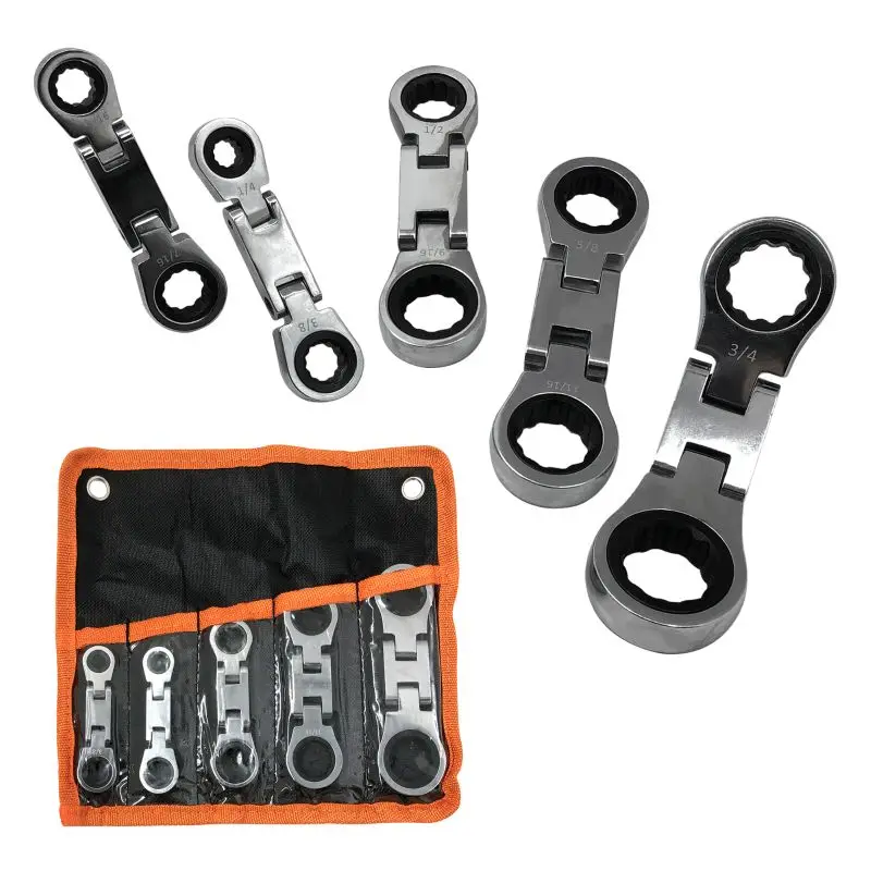 5pcs SAE Dual Flex Head Ratcheting Wrench Set, Double Box End, Flex-Head, Stubby SAE Combination Wrench Set