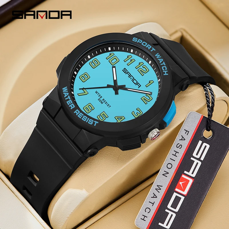 Sanda 6123 Trendy Design Soft Student Watch TPU Strap 50M Depth Waterproof Quartz Movement Children Fashion Sports Wrist Watch