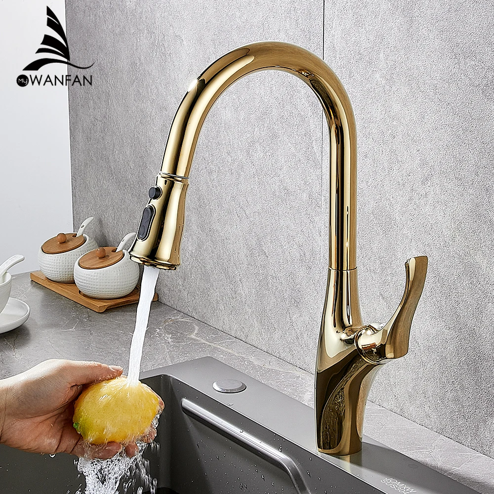 Shinny Gold Kitchen Faucet Pull Out Kitchen Sink Water Tap Single Handle Mixer Tap 360 Rotation Kitchen Shower Faucet 866113