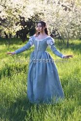 Renaissance Blue Prom Dresses Medieval Square Neck Long Sleeve Lace Tie Bodice Puffy Rococo Gowns Masquerade Gowns