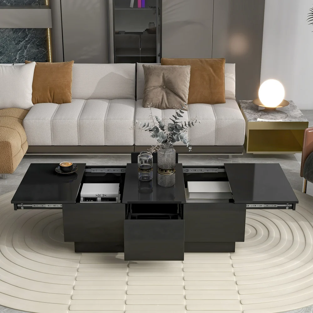 ON-TREND Coffee Table with 2 Large Hidden Storage Compartment Extendable Cocktail Table 2 Drawers High-gloss Center Table