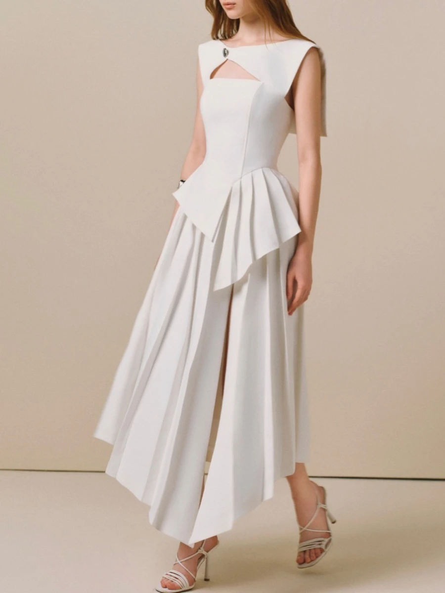 TWOTWINSTYLE 슬림 핏 홀로우 아웃 불규칙 롱 드레스 여성용 라운드 넥 슬리브리스 튜닉 패치워크 폴드 드레스 여성 신상