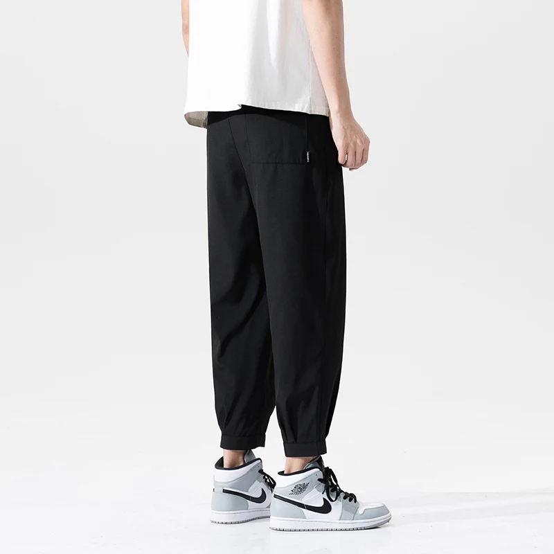 Fashion Elastic Lace Up Pockets Solid Color Casual High Waist Pants Men's Clothing 2024 Summer New Loose All-match Cropped Pants