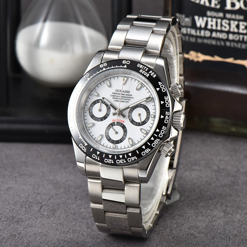 Oumashi 39mm DTN VK63 Movement Men\'s Watch Panda Three Eye Quartz Watch Sapphire Stainless Steel Waterproof Timing Code