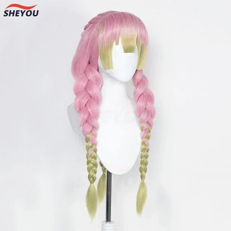 

2025Хэллоуин Аниме Mitsuri Kanroji Косплей Pruik Lange Roze Groene V Fisk Hittebest 3) Haar Authentieke Косплей
