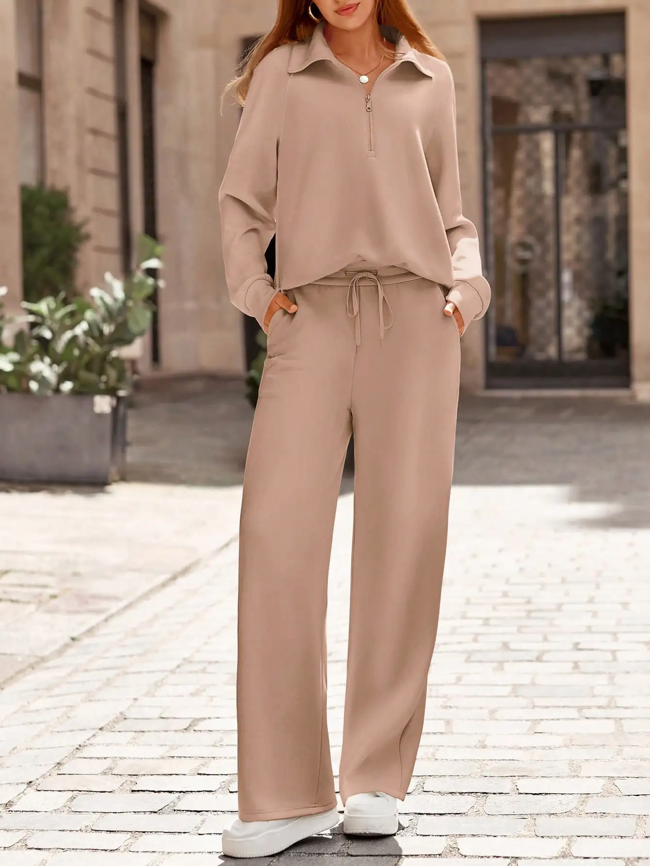 Women's 2-Piece Casual Lapel Half-Zip Sweatsuit with Wide Leg Pants