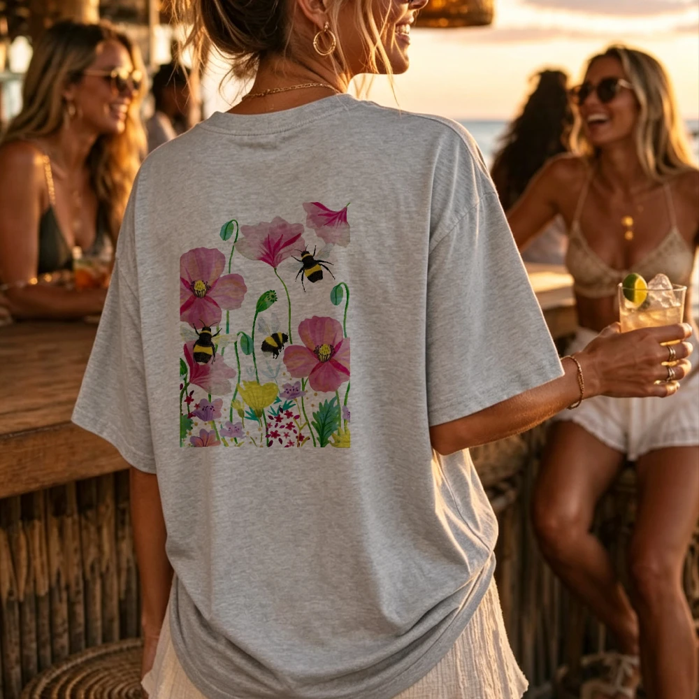 Floral Bee Garden Cotton T-Shirt with Watercolor Pink Flowers Yellow Center Green Stems Bumblebees Gray Crew Neck Short Sleev