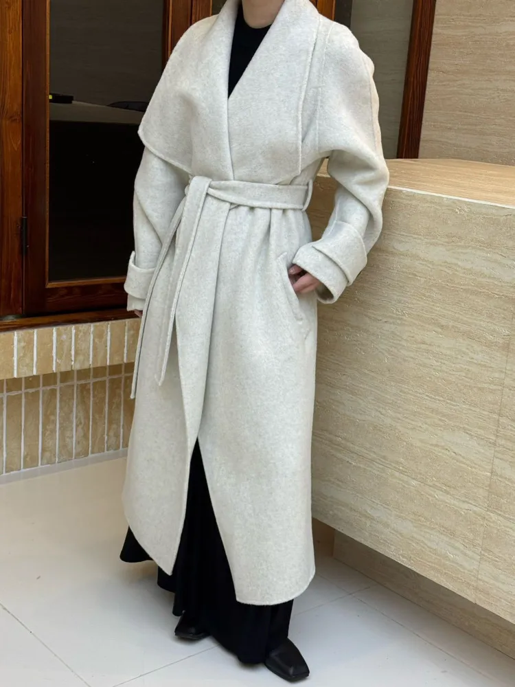 ZMEENNA manteau Long en mélange de laine pour femme avec ceinture col haut décolleté montant veste d'hiver élégante décontractée ZM3628