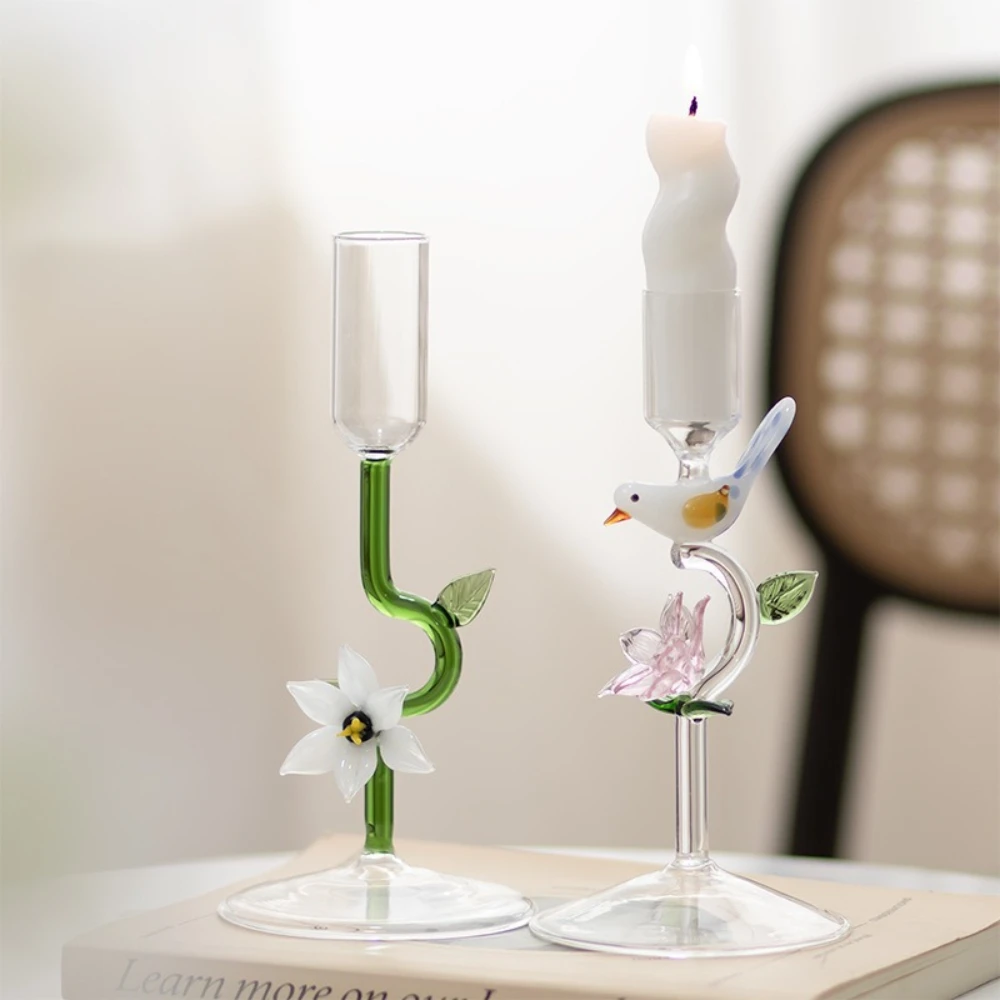 Kreativer Kerzenhalter aus Glas mit hohem Fuß, rosa Blume, Vogel, romantisch, bunt, Kerzenhalter, Ornament, Heim- und Hochzeitsdekoration