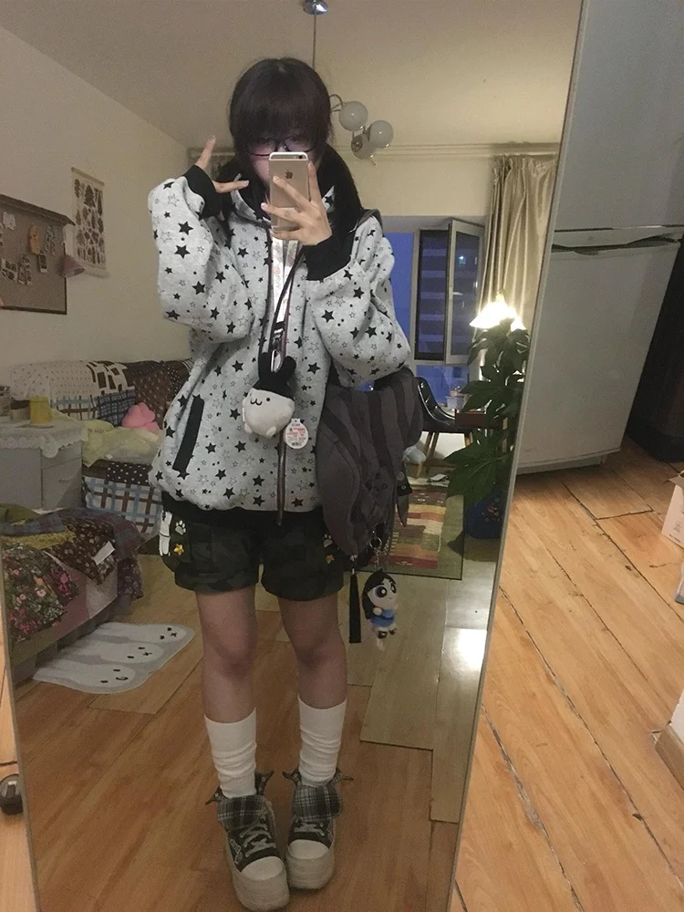 

American Sle Sweet Cool Printed Star Open Cardigan Hoodie Women's Spring Autumn Loose Lazy Couple Zipper Casual Jaet