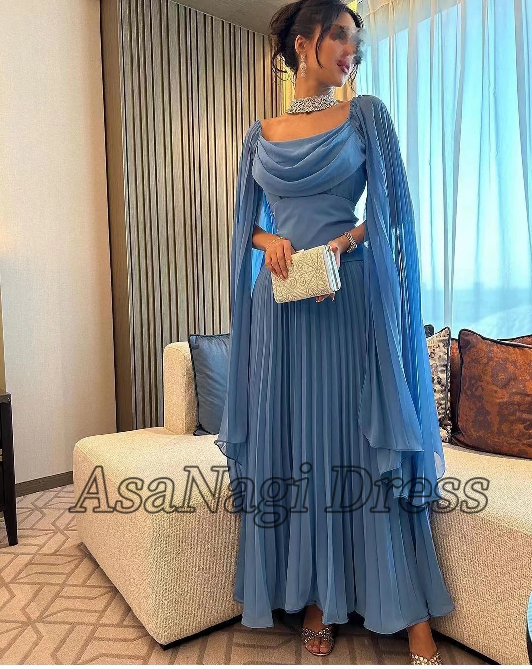 AsaNagi Blue Chiffon Prom Dresses Boat Neck Pleated Ankle-Length Women Elegant Evening Party Dress 2023 فساتين سهره Saudi