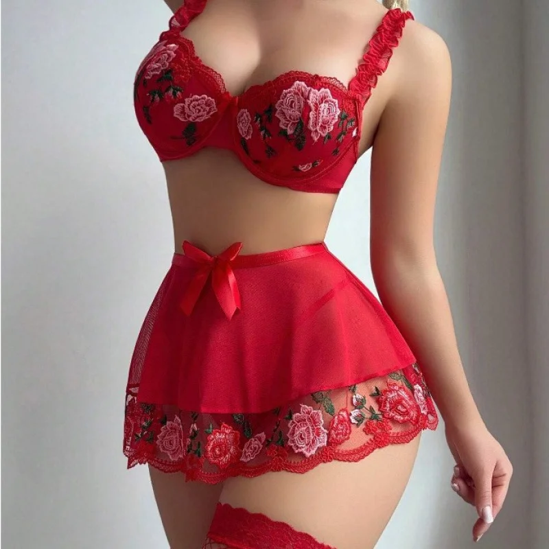 Bikini Red Embroidery Transparent Tempting Sexy Lingerie Set Three-Piece Set